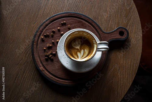 Half-drinking latte art with coffee beans