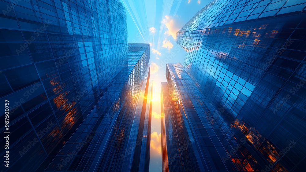 Fototapeta premium Blue Skyline: Modern Corporate Towers with Sunlit Reflections
