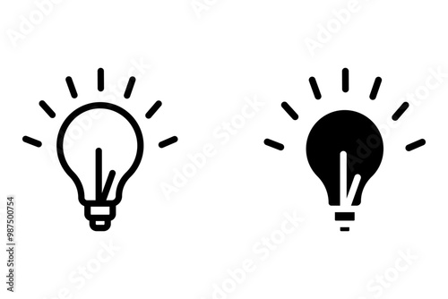 A set of light bulb icons on a white background. Idea symbol. Electric lamp, light, innovation, solution, creative thinking, electricity. Outline, flat and colored