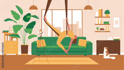 Training air yoga at home, video lesson for sports blog. Girl doing aerial yoga asana, blogger flying and hanging in hammock in front of camera in living room interior cartoon vector illustration