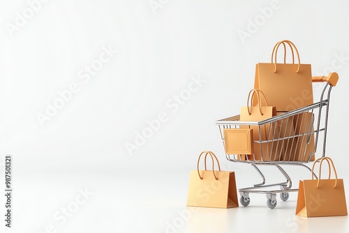Shopping cart filled with brown paper bags on a white background