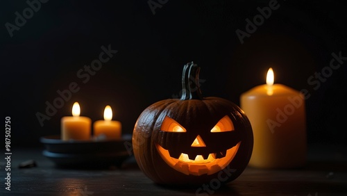 halloween scene, scary pumpkin, candles in the dark, halloween pumpkin