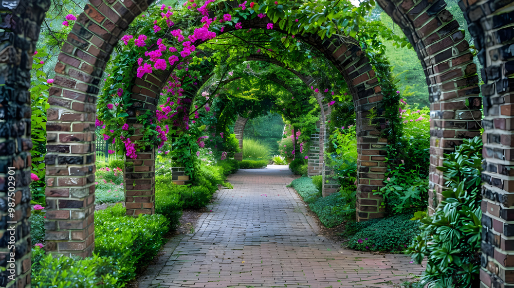 Obraz premium Brick Archway Garden Path with Blooming Flowers