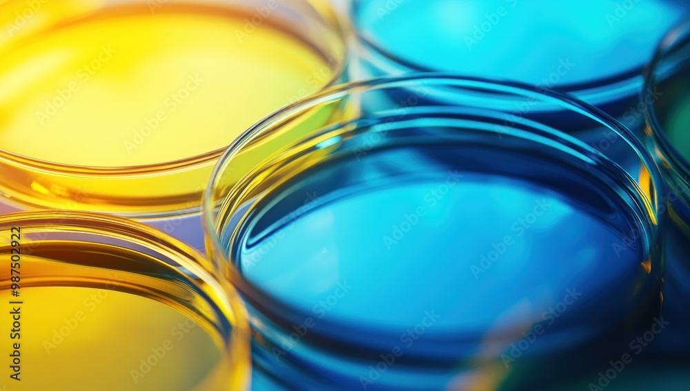 Close-up of Petri Dishes with Yellow and Blue Liquids Close-up of Petri Dishes with Yellow and Blue Liquids