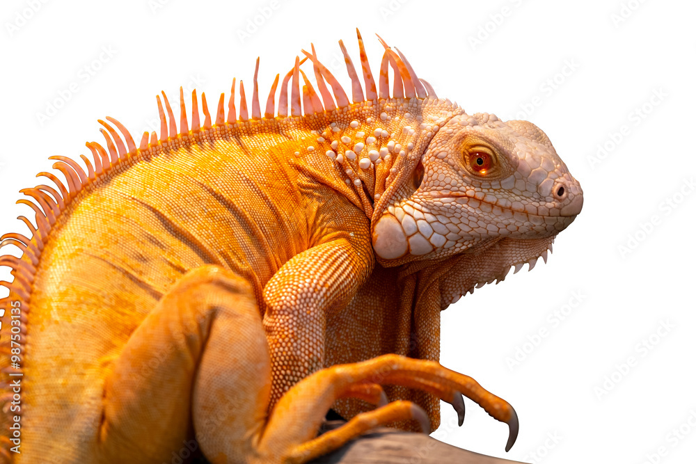 Naklejka premium Portrait side view of a gold chameleon, Chamaeleo calyptratus on dry tree branch, isolated on transparent background. PNG File
