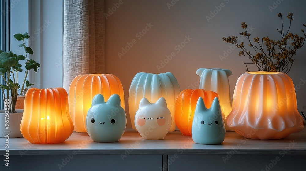 A cozy display of decorative lamps in soft colors. A cozy display of decorative lamps in soft colors.