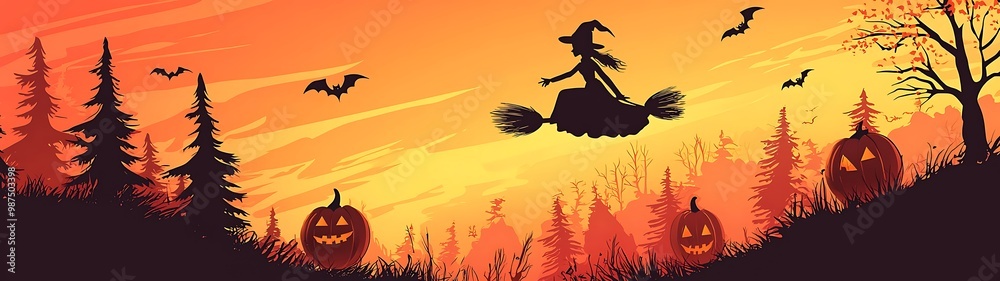 Silhouette of a witch flying on a broomstick in front of the moonlight Silhouette of a witch flying on a broomstick in front of the moonlight