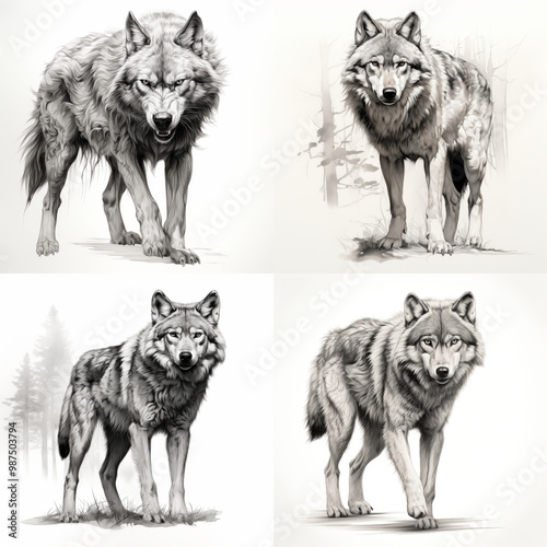 Stocky and wild wolf full body jumping sketch on white background photo