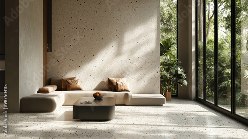 Modern minimalist living room with terrazzo floor, grey and white scheme, window seat, sofa, and sunlight through large black-framed windows.