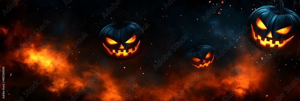 A Halloween themed poster with three pumpkins in the sky. The pumpkins are lit up with orange lights and have scary faces. The poster has a spooky and festive mood