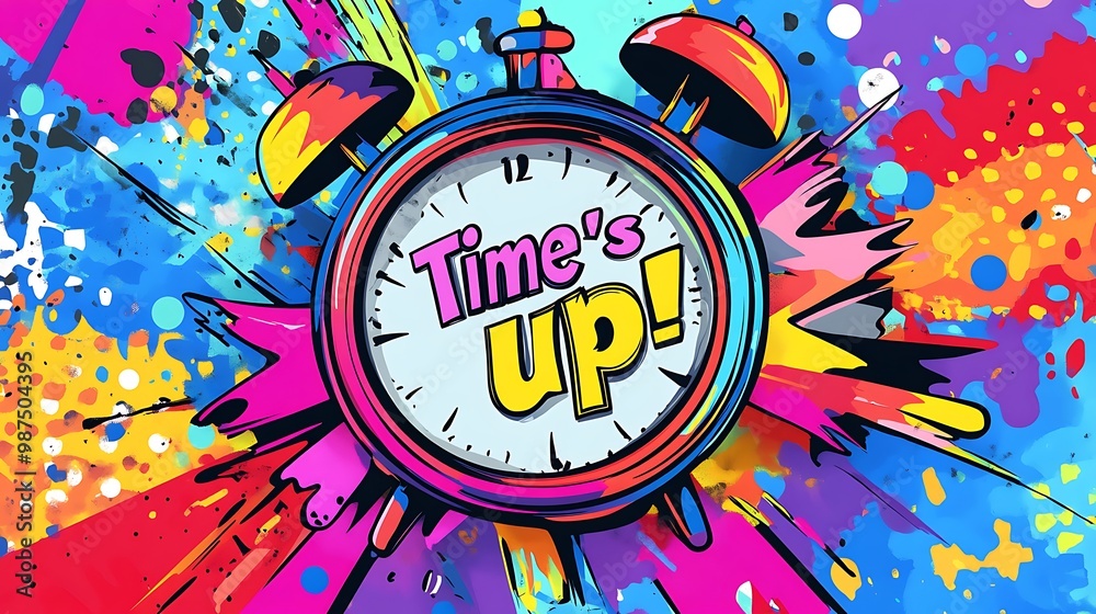 Time's Up in Colorful Pop Art Style with Clock and Bright Patterns Time's Up in Colorful Pop Art Style with Clock and Bright Patterns