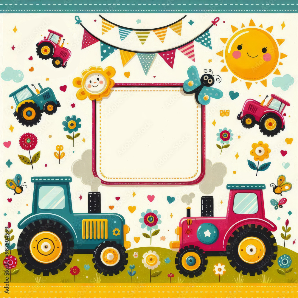 Obraz premium Creative frame with tractors in children style. Fun heavy machinery, agricultural vehicles