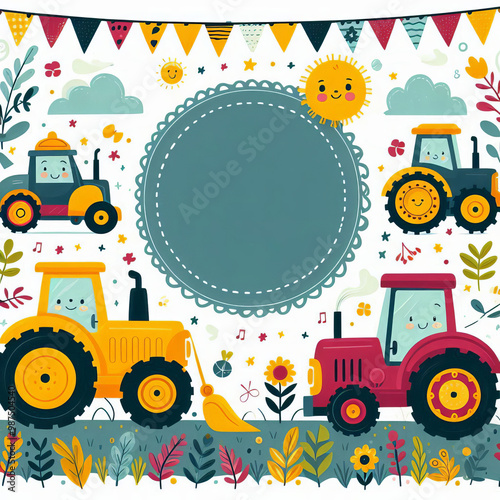 Creative frame with tractors in children style. Fun heavy machinery, agricultural vehicles