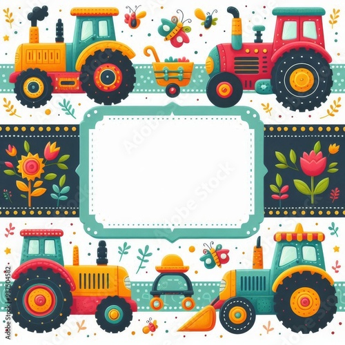 Creative frame with tractors in children style. Fun heavy machinery, agricultural vehicles