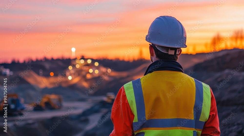 Construction Worker Overlooking Site at Sunset with Heavy Machinery in the Background Construction Worker Overlooking Site at Sunset with Heavy Machinery in the Background