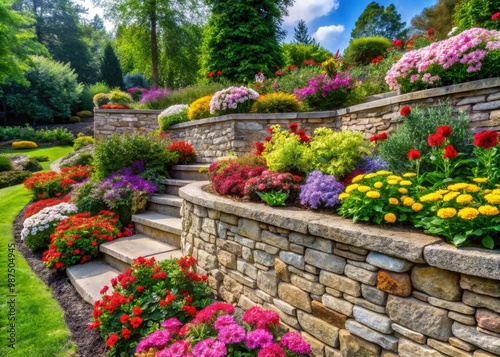 A beautiful stone retaining wall supports a vibrant flower bed, overflowing with colorful blooms and lush foliage.