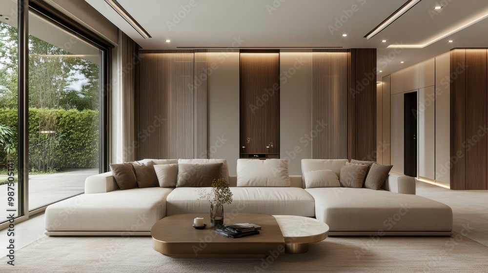 Modern Minimalist Living Room with Large Windows and Comfortable Sofa in Elegant Neutral Tones Modern Minimalist Living Room with Large Windows and Comfortable Sofa in Elegant Neutral Tones