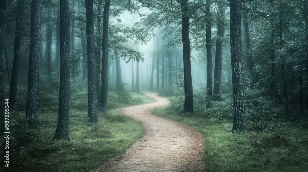 Fototapeta premium Serene Forest Pathway Winding Through Misty Woods on a Tranquil Morning