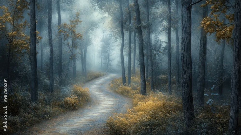Enchanting Forest Pathway with Misty Atmosphere and Golden Foliage in Early Morning Light Enchanting Forest Pathway with Misty Atmosphere and Golden Foliage in Early Morning Light