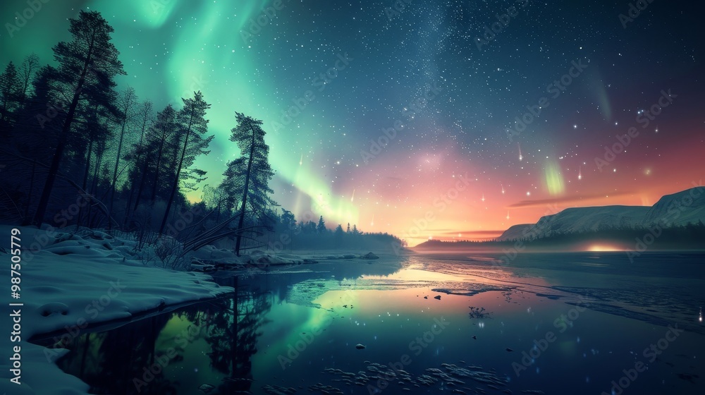 Breathtaking arctic nightscape of lapland with vibrant aurora borealis illuminating the sky Breathtaking arctic nightscape of lapland with vibrant aurora borealis illuminating the sky