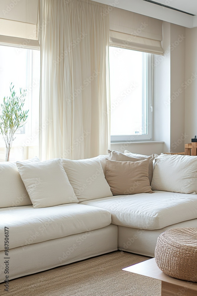Fototapeta premium Cozy Modern Living Room with White Sofa and Natural Light from Large Windows