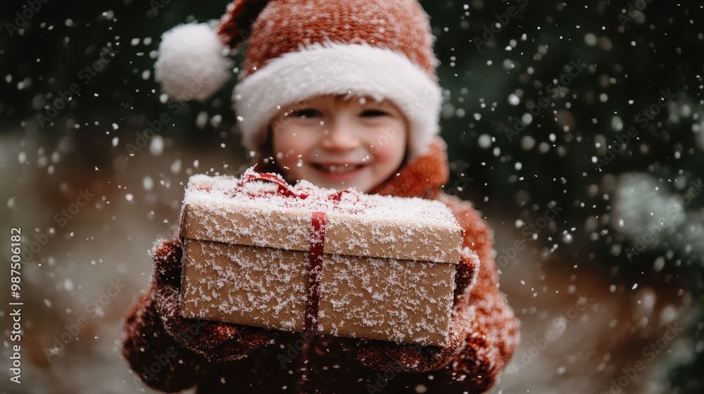 A cheerful boy in a Santa hat joyfully holds a snow-dusted present, standing in a snowy setting and capturing the heartwarming magic of the Christmas season. A cheerful boy in a Santa hat joyfully holds a snow-dusted present, standing in a snowy setting and capturing the heartwarming magic of the Christmas season.