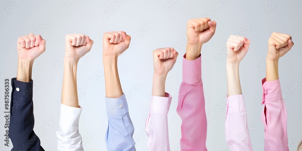 Fototapeta premium A group of people are holding up their hands in a fist, with some wearing pink shirts. Concept of unity and solidarity, as the people are all working together towards a common goal