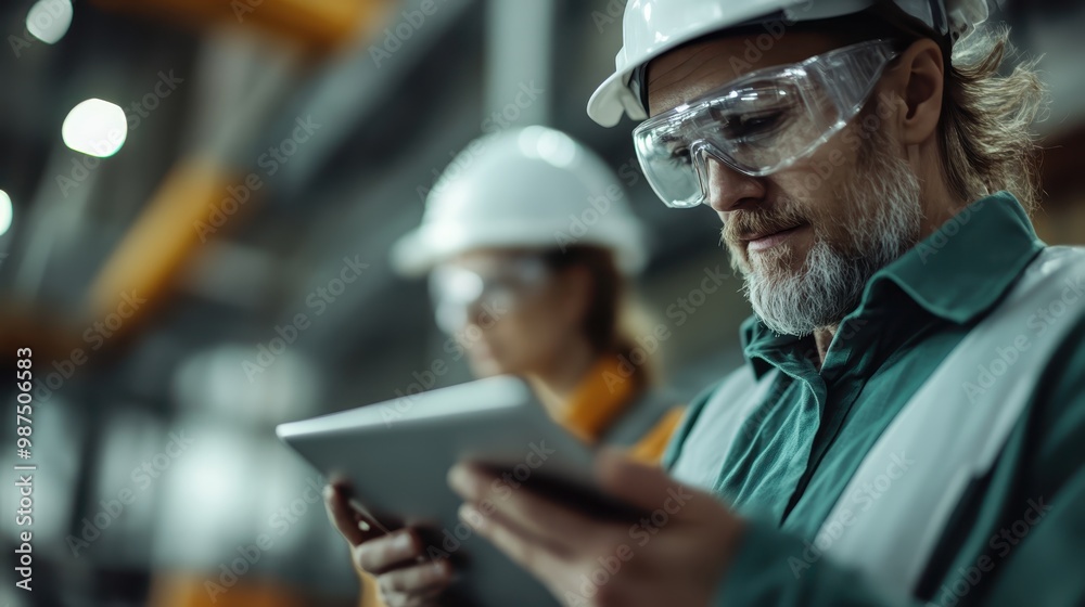 Seen in green work attire, a person carefully uses a tablet, possibly reviewing plans or documents, within a bustling and organized factory environment, emphasizing precision and thoroughness.