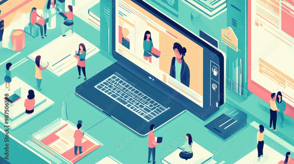 A virtual education scene, with students participating in a live video class, collaborating with each other and the teacher in a digital space A virtual education scene, with students participating in a live video class, collaborating with each other and the teacher in a digital space