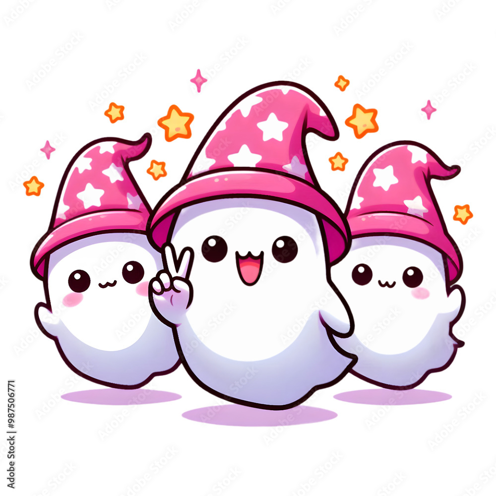 Obraz premium Cute and cheerful ghosts in magical pink hats. Whimsical Halloween illustration featuring three friendly ghosts, ideal for charming holiday decor.