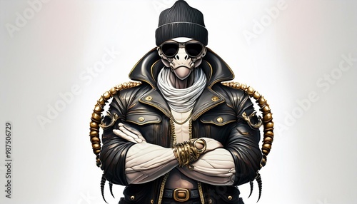 Skorpion Mann mit Leder Jacke Sonnenbrille Gold Ketten photo