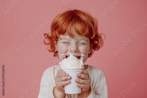 Playful girl striking red hair enjoys blissful moment nature. Delightful young girl vivid features plays happily sun. Child indulges in a tasty ice cream cone.