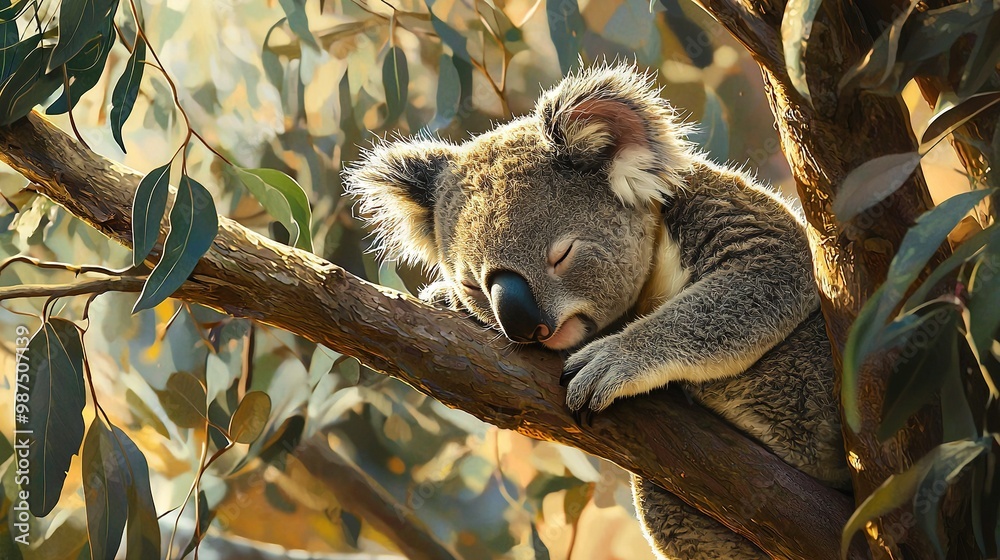 Fototapeta premium A koala sleeping in a tree, resting its head on a branch, with its eyes closed