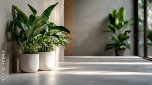 A picture showing two potted plants placed inside a modern minimalist building with ample natural light and clean lines highlighting the plants' greenery.