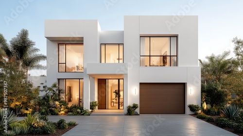 A two-story modern white house features large windows and a beautifully landscaped garden, illustrating contemporary living with abundant natural light and outdoor space.