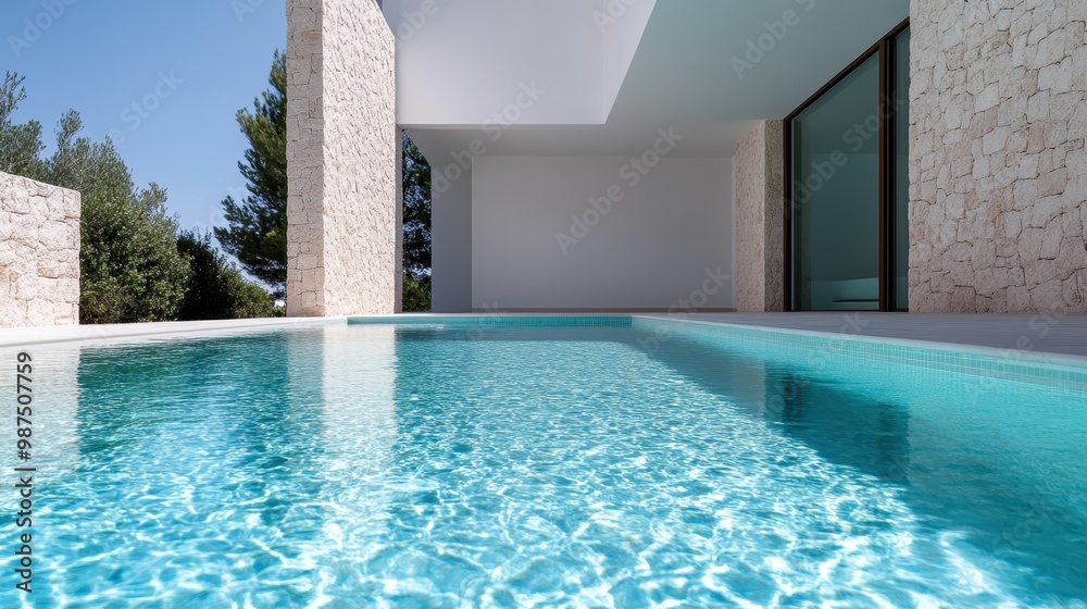 Fototapeta premium A sleek, modern pool featuring clear, refreshing water and minimalist design elements, accentuated by a striking stone wall, framed by trees and natural elements.