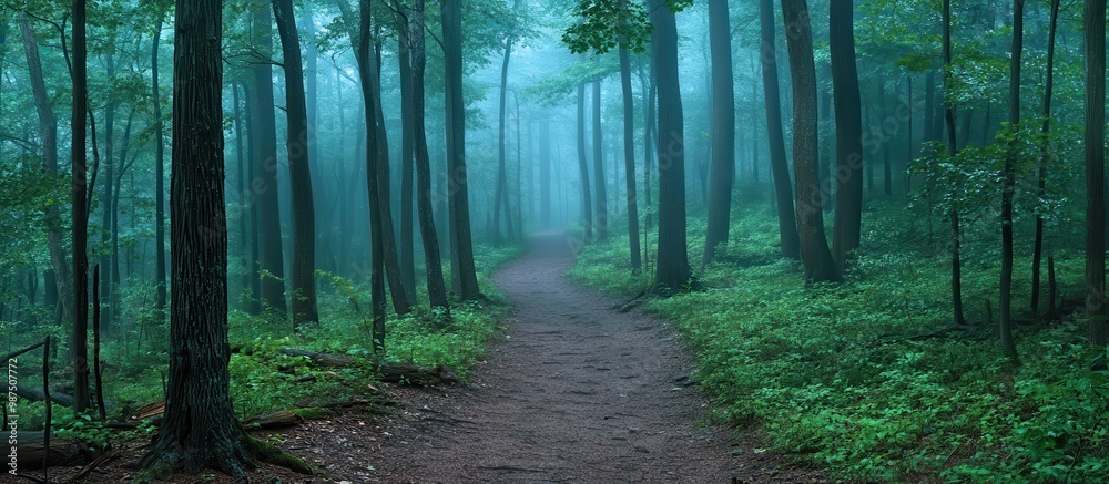 Naklejka premium Misty Forest Pathway in Dense Green Woodland with Tall Trees and Lush Foliage