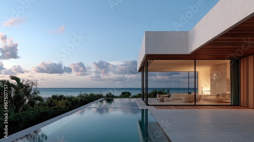 A contemporary seaside home with an infinity pool  blending state-of-the-art design and stylish comfort  offering unobstructed views of the ocean and serene surroundings.