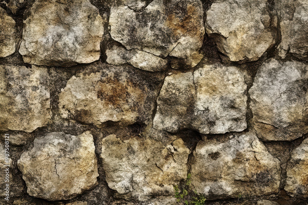 Weathered Stone Wall Texture with Green Foliage Weathered Stone Wall Texture with Green Foliage