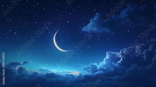 Tranquil Night Sky with Crescent Moon and Stars - Serene Graphic Design