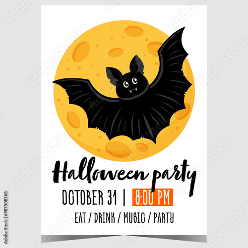 Halloween party invitation with funny bat on yellow moon background. Vector poster or banner to celebrate All Saints' Eve in a cheerful festive atmosphere observing all the traditions.
