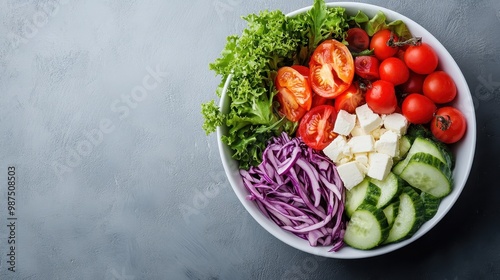 A perfect mix of fresh vegetables including cherry tomatoes, leafy greens, cucumbers, and cubes of feta cheese, creating a delightful and healthy salad bowl.