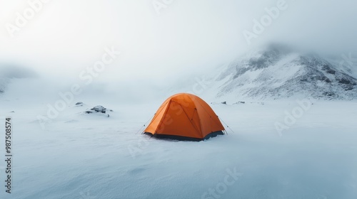 An orange tent pitched in the middle of a vast, snowy landscape, showcasing the beauty and solitude of winter camping against a backdrop of mountains shrouded in fog.