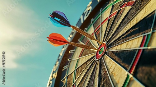 Wallpaper Mural Business Success Achieve Goal  A dartboard partially in view with three colorful darts striking the center Torontodigital.ca