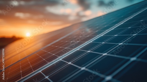 A striking image of solar panels tilted to capture maximum sunlight at dawn, set against a natural background, symbolizing renewable energy and the new technological era. photo