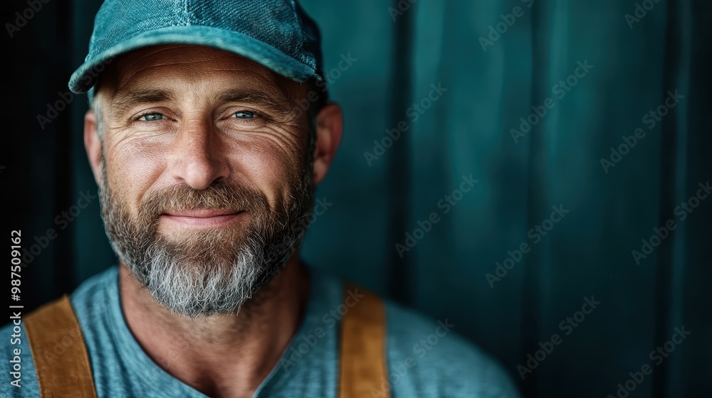 A bearded man wearing a denim cap and brown suspenders stands in front of a teal wooden wall, smiling warmly with a hint of rugged charm in his expression. A bearded man wearing a denim cap and brown suspenders stands in front of a teal wooden wall, smiling warmly with a hint of rugged charm in his expression.