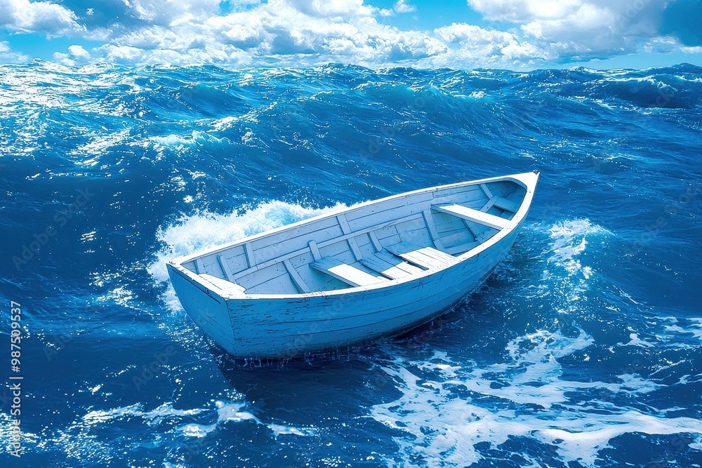 Fototapeta premium A small white boat floating on vibrant blue ocean waves under a cloudy sky.
