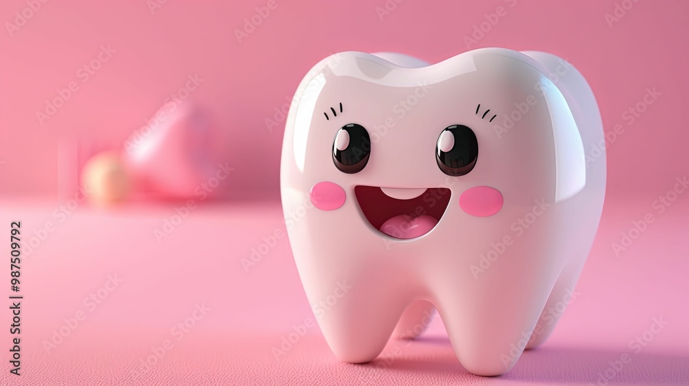 A Smiling Cartoon Tooth on a Pink Background A Smiling Cartoon Tooth on a Pink Background