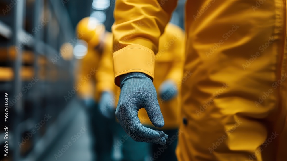 Naklejka premium A close-up view of workers in yellow protective suits, focused on safety practices and precision in an industrial facility with clean, controlled conditions.
