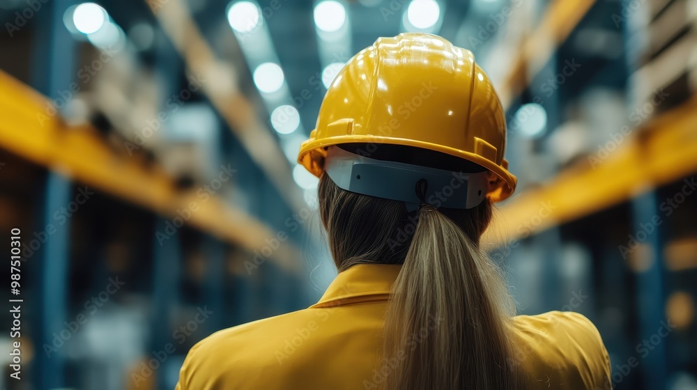 A female worker with a ponytail, wearing a hard hat in a large factory warehouse, demonstrating safety and industry standards in a bustling work setting. A female worker with a ponytail, wearing a hard hat in a large factory warehouse, demonstrating safety and industry standards in a bustling work setting.
